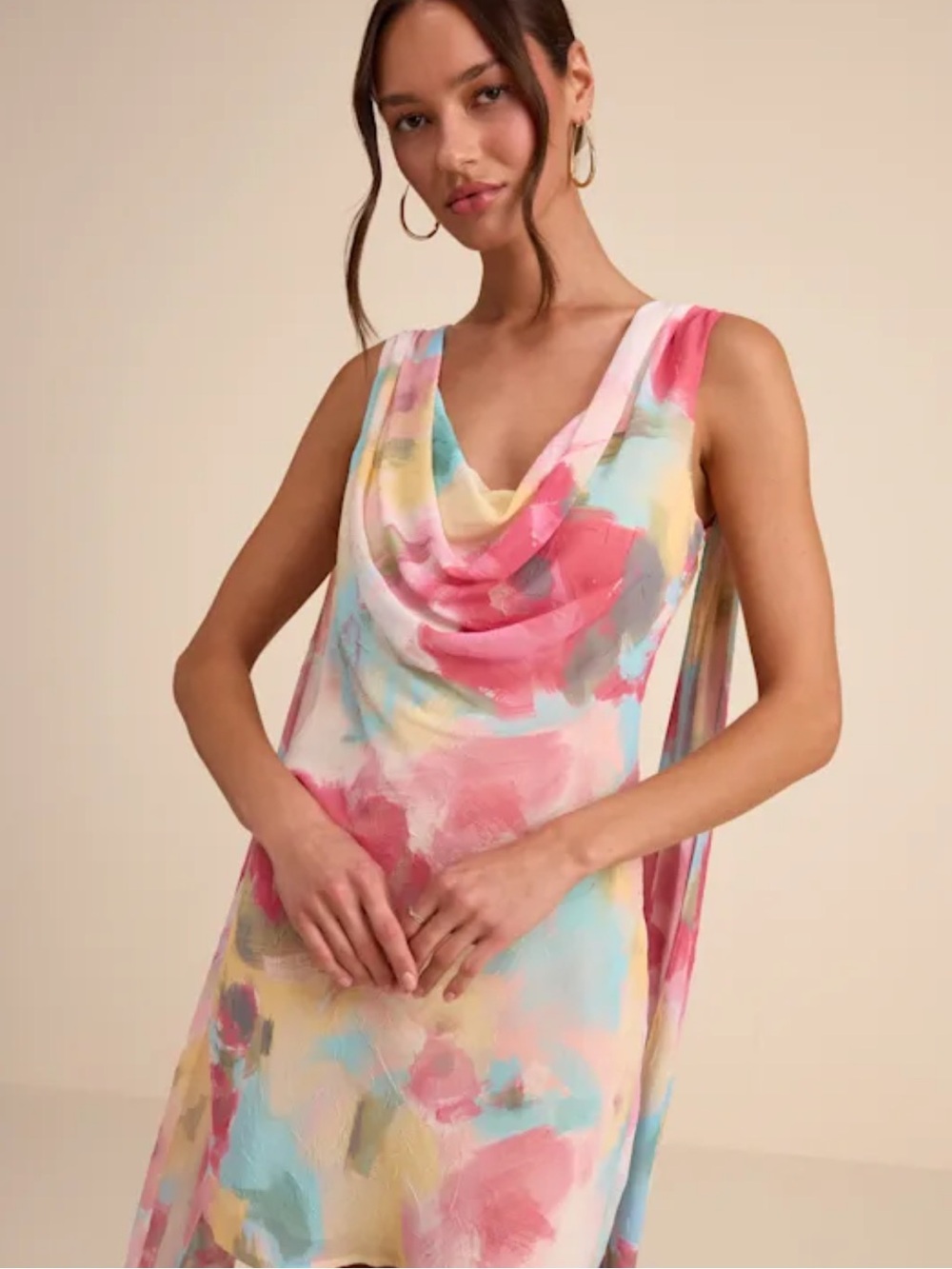 Siya Pink Multi Abstract Print Cowl Sash Mini Dress